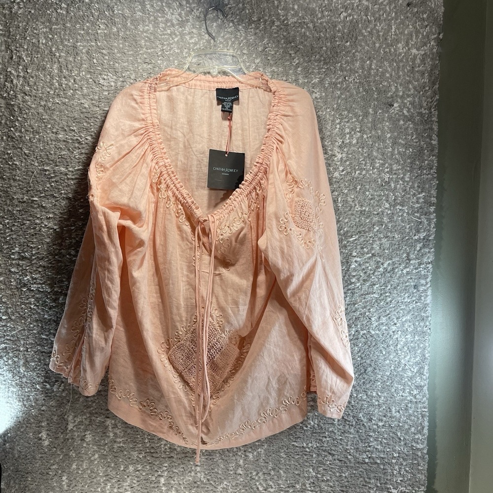 Cynthia Rowley Long Sleeve Peasant Top Linen Blend Round Neck Boho Beach 2X NWT